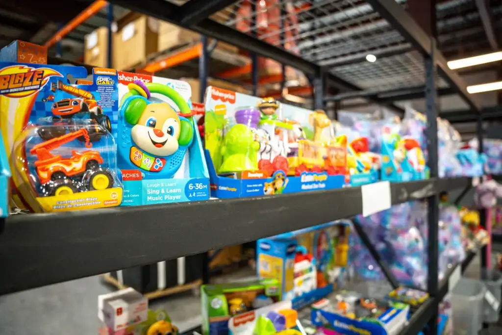 Toys laid out on a shelf at the Empowerment Resource Center.